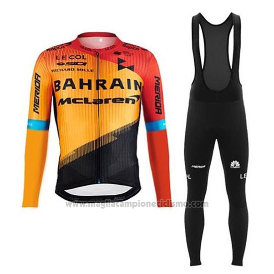 2020 Abbigliamento Ciclismo Bahrain McLaren Arancione Nero Manica Lunga e Salopette